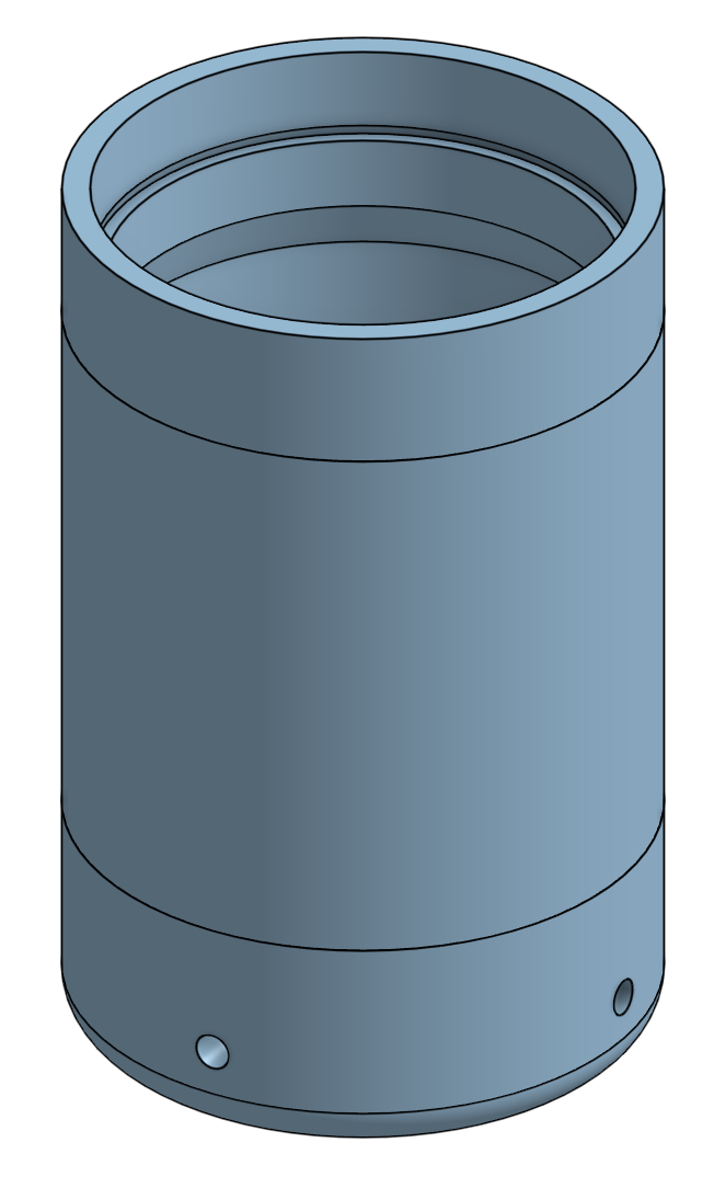 Screenshot of the 3D design of the aroma diffusor. Cylindrical shaped object, open at the top, with small ventilation holes at the bottom of the cylinder.